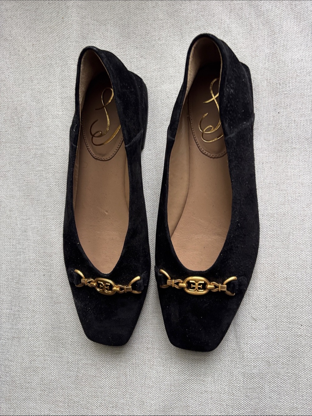 Sam Edelman Black Suede Flats with Gold Chain Detail